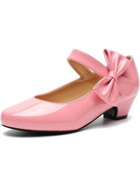 Women's Pink Patent Low Block Heel with Side Bowknot Round Toe Wedding Pump Shoe